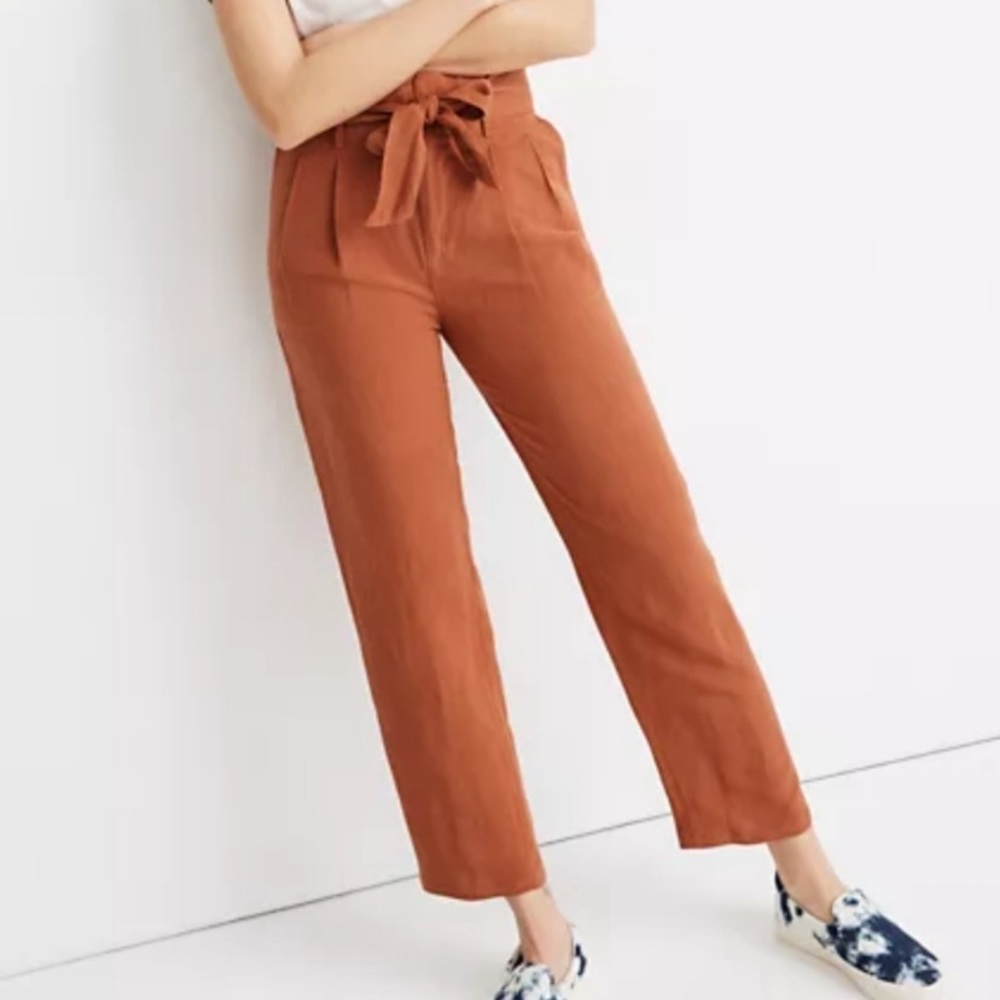 Madewell | Terracotta Orange Linen/Viscose Paper-Bag Belted Cropped Pants Sz 8